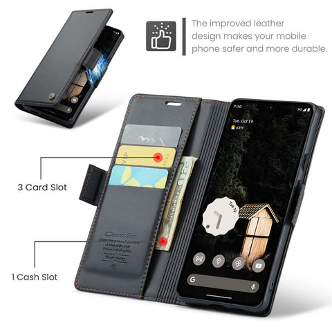 Google Pixel 9 Pro XL Cover - Black -  CaseMe Premium High Quality Wallet Magnetic Suede Leather Case