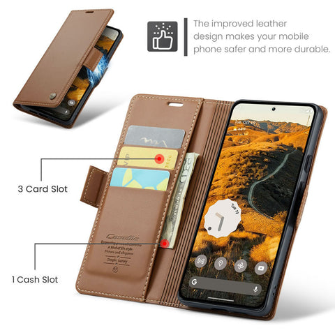 Google Pixel 9 Pro XL Cover - Brown -  CaseMe Premium High Quality Wallet Magnetic Suede Leather Case