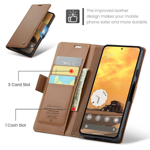 Google Pixel 9a Cover - Brown -  CaseMe Premium High Quality Wallet Magnetic Suede Leather Case