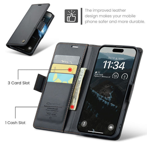 iPhone 16 Cover - Black -  CaseMe Premium High Quality Wallet Magnetic Suede Leather Case