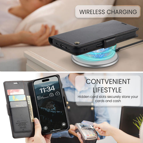 iPhone 16 Cover - Black -  CaseMe Premium High Quality Wallet Magnetic Suede Leather Case