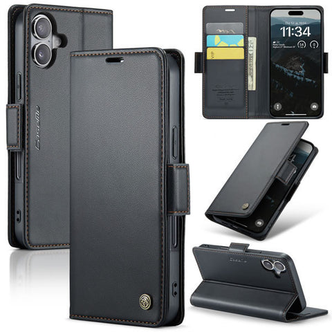 iPhone 16 Cover - Black -  CaseMe Premium High Quality Wallet Magnetic Suede Leather Case