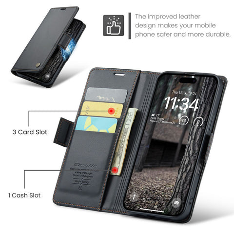 iPhone 15 Pro Max Cover - Black -  CaseMe Premium High Quality Wallet Magnetic Suede Leather Case