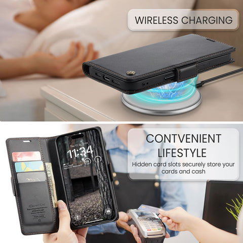 iPhone 15 Pro Max Cover - Black -  CaseMe Premium High Quality Wallet Magnetic Suede Leather Case