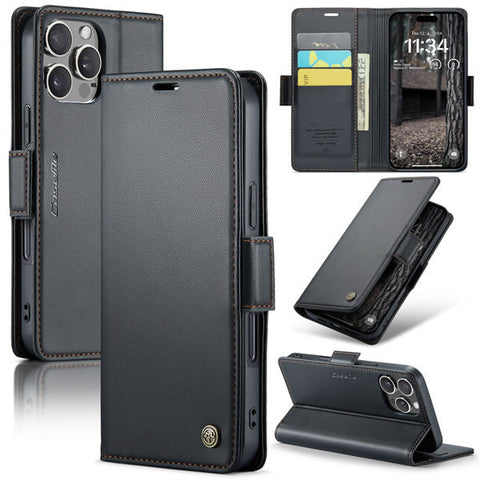 iPhone 15 Pro Max Cover - Black -  CaseMe Premium High Quality Wallet Magnetic Suede Leather Case