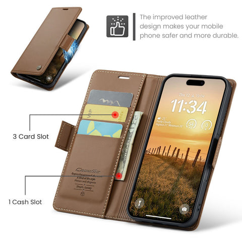 iPhone 16 Pro Max Cover - Brown -  CaseMe Premium High Quality Wallet Magnetic Suede Leather Case