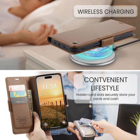 iPhone 16 Pro Max Cover - Brown -  CaseMe Premium High Quality Wallet Magnetic Suede Leather Case