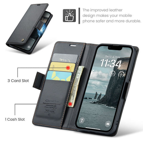 iPhone 16e Cover - Black -  CaseMe Premium High Quality Wallet Magnetic Suede Leather Case