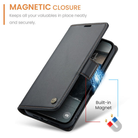 iPhone 16e Cover - Black -  CaseMe Premium High Quality Wallet Magnetic Suede Leather Case