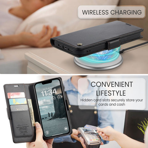 iPhone 16e Cover - Black -  CaseMe Premium High Quality Wallet Magnetic Suede Leather Case