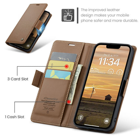 iPhone 16e Cover - Brown -  CaseMe Premium High Quality Wallet Magnetic Suede Leather Case