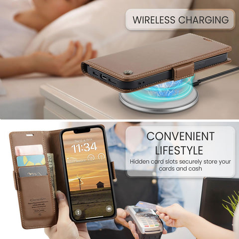 iPhone 16e Cover - Brown -  CaseMe Premium High Quality Wallet Magnetic Suede Leather Case