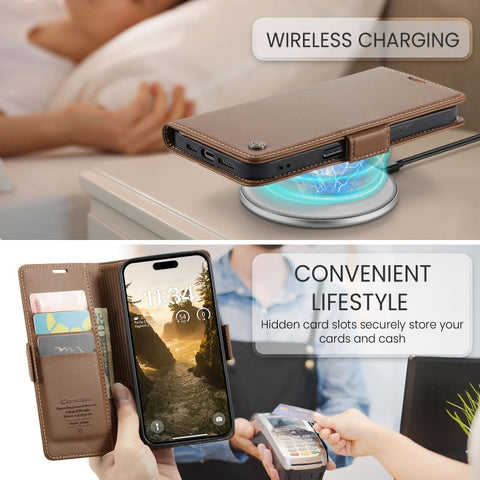 iPhone 17 Pro Cover - Brown -  CaseMe Premium High Quality Wallet Magnetic Suede Leather Case