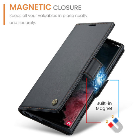 Samsung Galaxy S23 Ultra Cover - Black -  CaseMe Premium High Quality Wallet Magnetic Suede Leather Case