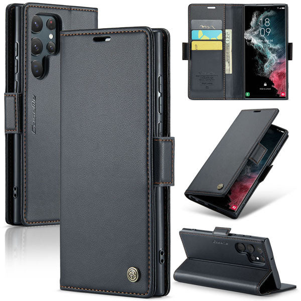 Samsung Galaxy S22 Ultra Cover - Black -  CaseMe Premium High Quality Wallet Magnetic Suede Leather Case