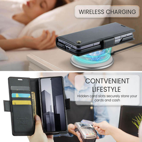 Samsung Galaxy Z Fold 6 5G Cover - Black -  CaseMe Premium High Quality Wallet Magnetic Suede Leather Case