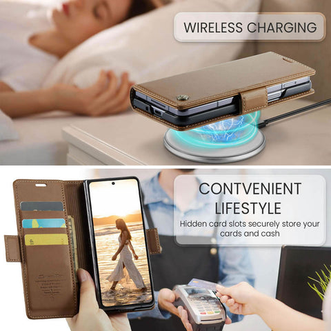 Samsung Galaxy Z Fold 7 Cover - Brown -  CaseMe Premium High Quality Wallet Magnetic Suede Leather Case