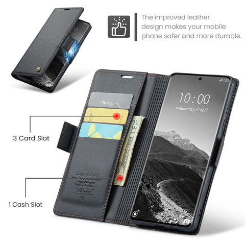 Xiaomi Redmi Note 14 Pro 4G Cover - Black -  CaseMe Premium High Quality Wallet Magnetic Suede Leather Case