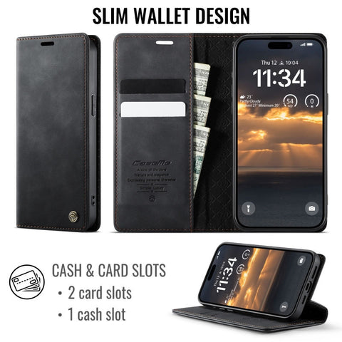 iPhone 14 Pro Max Cover - Black - New CaseMe Fully Premium High Grade Quality Leather Flip Book With Card Holding Slots And Magnetic Closure 033