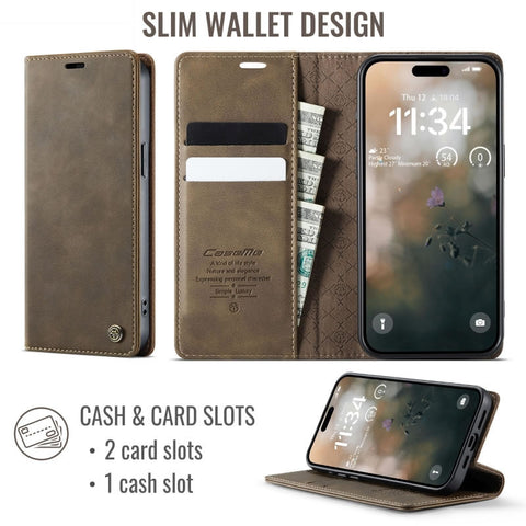 iPhone 15 Pro Max Cover - Brown - New CaseMe Fully Premium High Grade Quality Leather Flip Book With Card Holding Slots And Magnetic Closure 033