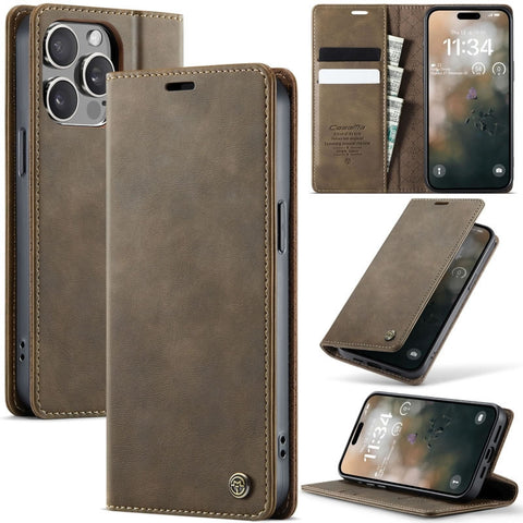 iPhone 15 Pro Max Cover - Brown - New CaseMe Fully Premium High Grade Quality Leather Flip Book With Card Holding Slots And Magnetic Closure 033