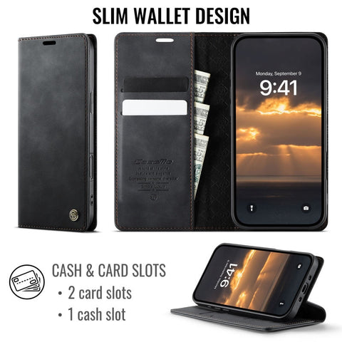 iPhone 17 Air Cover - Black - New CaseMe Fully Premium High Grade Quality Leather Flip Book With Card Holding Slots And Magnetic Closure 033