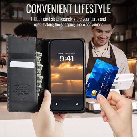 iPhone 17 Air Cover - Black - New CaseMe Fully Premium High Grade Quality Leather Flip Book With Card Holding Slots And Magnetic Closure 033