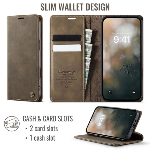 iPhone 17 Air Cover - Brown - New CaseMe Fully Premium High Grade Quality Leather Flip Book With Card Holding Slots And Magnetic Closure 033
