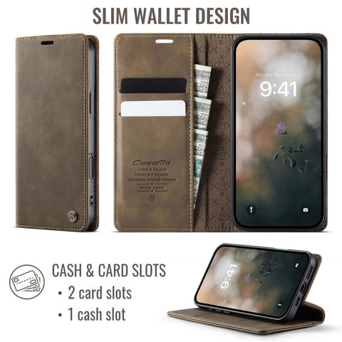 iPhone 17 Cover - Brown -  CaseMe Premium High Quality Wallet Magnetic Suede Leather Case