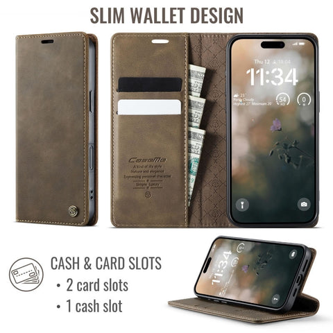 iPhone 17 Pro Cover - Brown - New CaseMe Fully Premium High Grade Quality Leather Flip Book With Card Holding Slots And Magnetic Closure 033