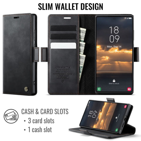 Samsung Galaxy S23 Ultra Cover - Black - New CaseMe Fully Premium High Grade Quality Leather Flip Book With Card Holding Slots And Magnetic Closure 033