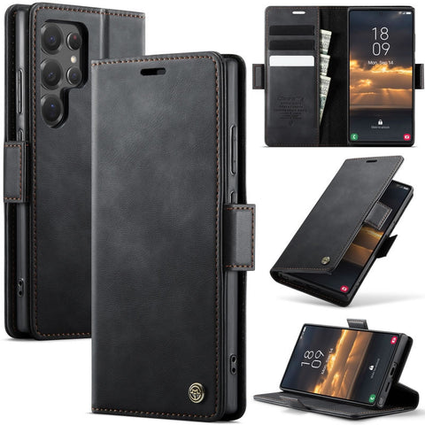 Samsung Galaxy S22 Ultra 5G Cover - Black - New CaseMe Fully Premium High Grade Quality Leather Flip Book With Card Holding Slots And Magnetic Closure 033