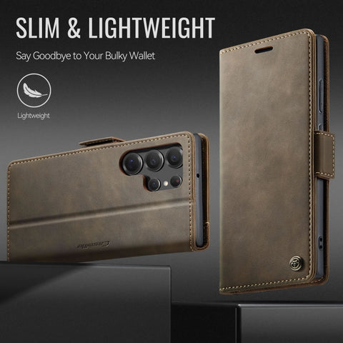 Samsung Galaxy S23 Ultra Cover - Brown - New CaseMe Fully Premium High Grade Quality Leather Flip Book With Card Holding Slots And Magnetic Closure 033
