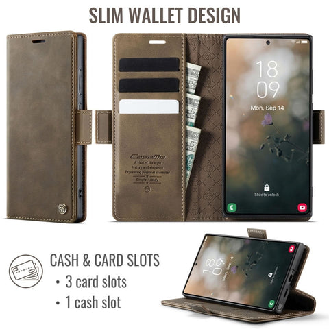 Samsung Galaxy S23 Ultra 5G Cover - Brown - New CaseMe Fully Premium High Grade Quality Leather Flip Book With Card Holding Slots And Magnetic Closure 033