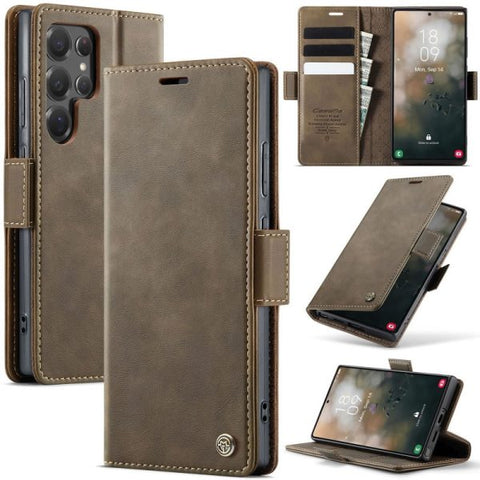 Samsung Galaxy S23 Ultra Cover - Brown - New CaseMe Fully Premium High Grade Quality Leather Flip Book With Card Holding Slots And Magnetic Closure 033