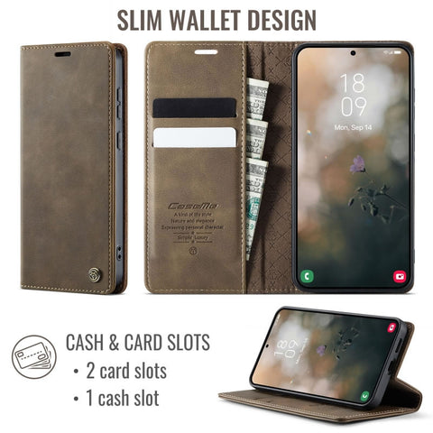 Samsung Galaxy S25 Cover - Brown - New CaseMe Fully Premium High Grade Quality Leather Flip Book With Card Holding Slots And Magnetic Closure 033