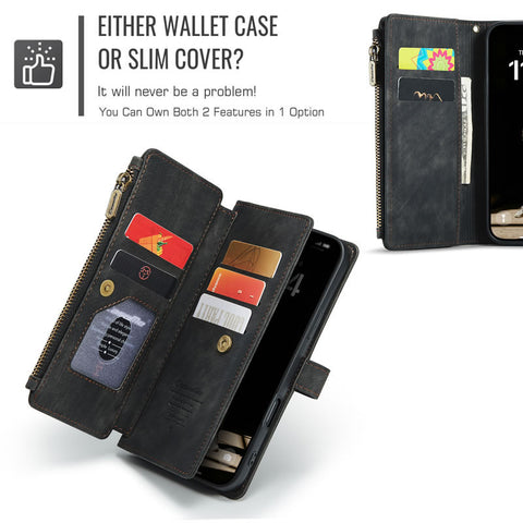 iPhone 16 Pro Max Cover - Black -  CaseMe Premium Vintage Leather Folio Zipper Wallet Case with Magnetic Closure and 7 Card Slots