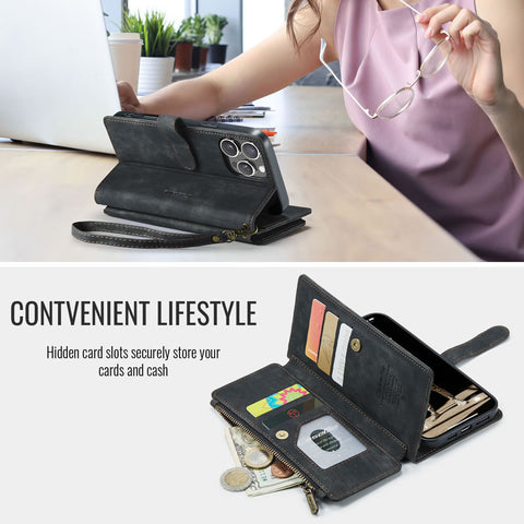 iPhone 15 Pro Max Cover - Black -  CaseMe Premium Vintage Leather Folio Zipper Wallet Case with Magnetic Closure and 7 Card Slots