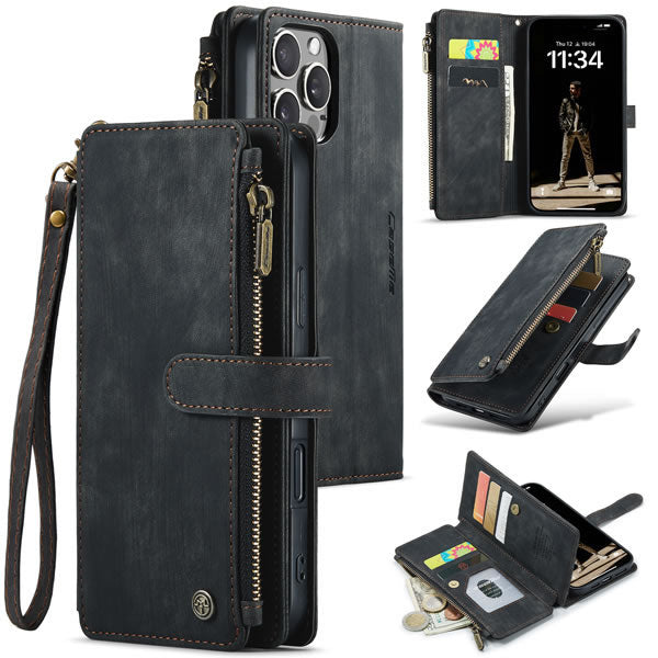 iPhone 16 Pro Max Cover - Black -  CaseMe Premium Vintage Leather Folio Zipper Wallet Case with Magnetic Closure and 7 Card Slots