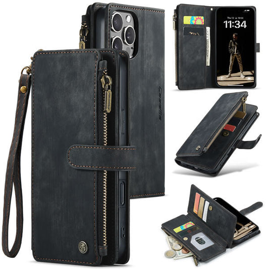 iPhone 16 Pro Max Cover - Black -  CaseMe Premium Vintage Leather Folio Zipper Wallet Case with Magnetic Closure and 7 Card Slots