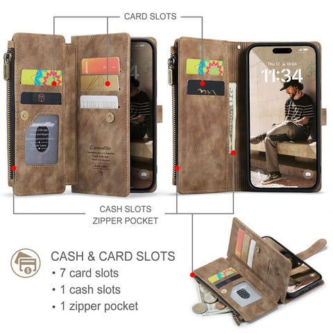 iPhone 16 Pro Max Cover - Brown -  CaseMe Premium Vintage Leather Folio Zipper Wallet Case with Magnetic Closure and 7 Card Slots