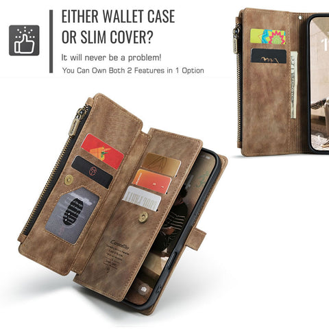 iPhone 16 Pro Max Cover - Brown -  CaseMe Premium Vintage Leather Folio Zipper Wallet Case with Magnetic Closure and 7 Card Slots