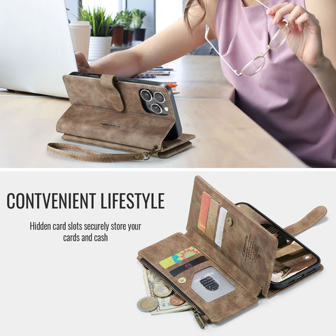 iPhone 16 Pro Max Cover - Brown -  CaseMe Premium Vintage Leather Folio Zipper Wallet Case with Magnetic Closure and 7 Card Slots