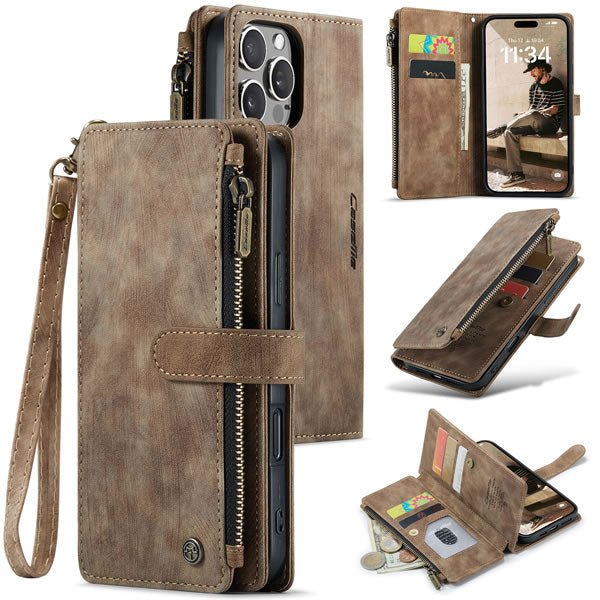 iPhone 16 Pro Max Cover - Brown -  CaseMe Premium Vintage Leather Folio Zipper Wallet Case with Magnetic Closure and 7 Card Slots