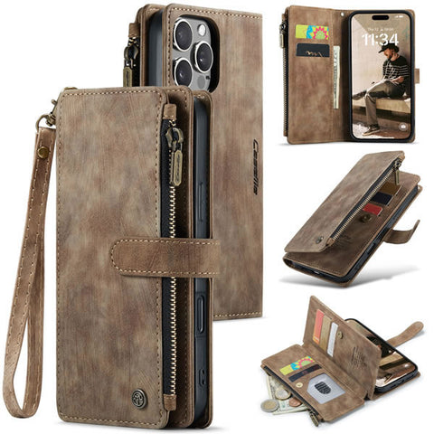 iPhone 16 Pro Max Cover - Brown -  CaseMe Premium Vintage Leather Folio Zipper Wallet Case with Magnetic Closure and 7 Card Slots