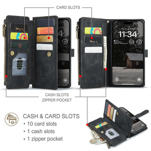 iPhone 17 Air Cover - Black -  CaseMe Premium Vintage Leather Folio Zipper Wallet Case with Magnetic Closure and 7 Card Slots