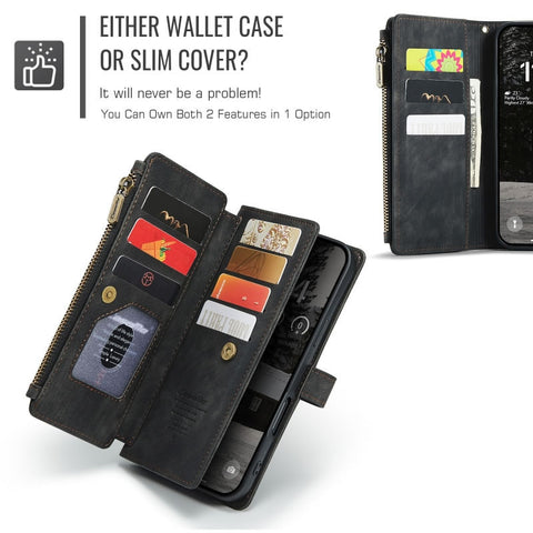 iPhone 17 Air Cover - Black -  CaseMe Premium Vintage Leather Folio Zipper Wallet Case with Magnetic Closure and 7 Card Slots