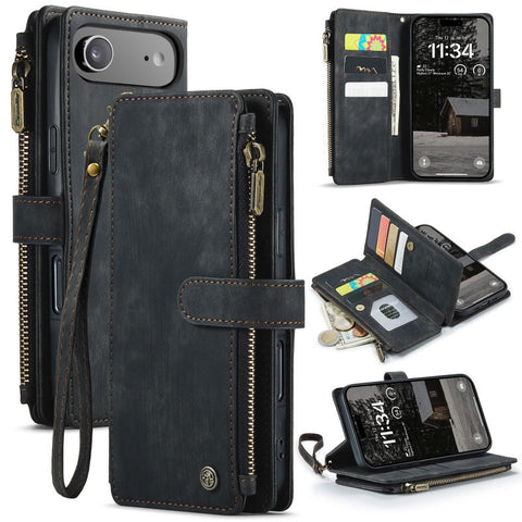 iPhone 17 Air Cover - Black -  CaseMe Premium Vintage Leather Folio Zipper Wallet Case with Magnetic Closure and 7 Card Slots