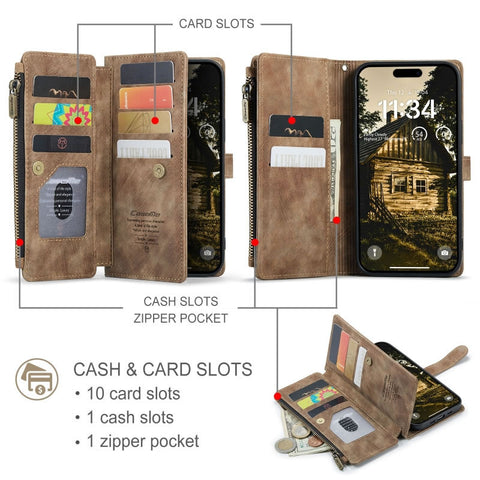 iPhone 17 Air Cover - Brown -  CaseMe Premium Vintage Leather Folio Zipper Wallet Case with Magnetic Closure and 7 Card Slots
