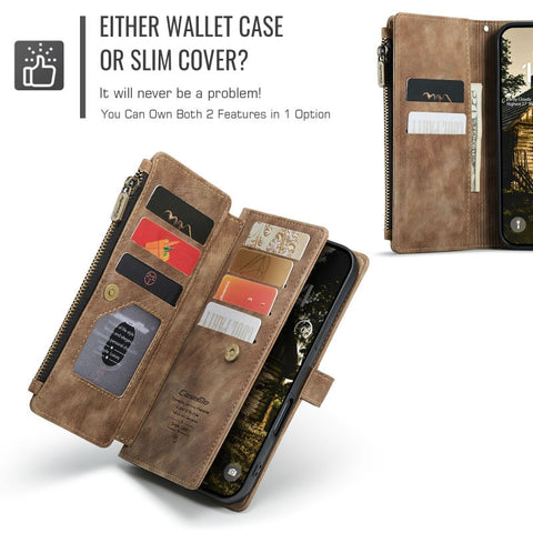 iPhone 17 Air Cover - Brown -  CaseMe Premium Vintage Leather Folio Zipper Wallet Case with Magnetic Closure and 7 Card Slots